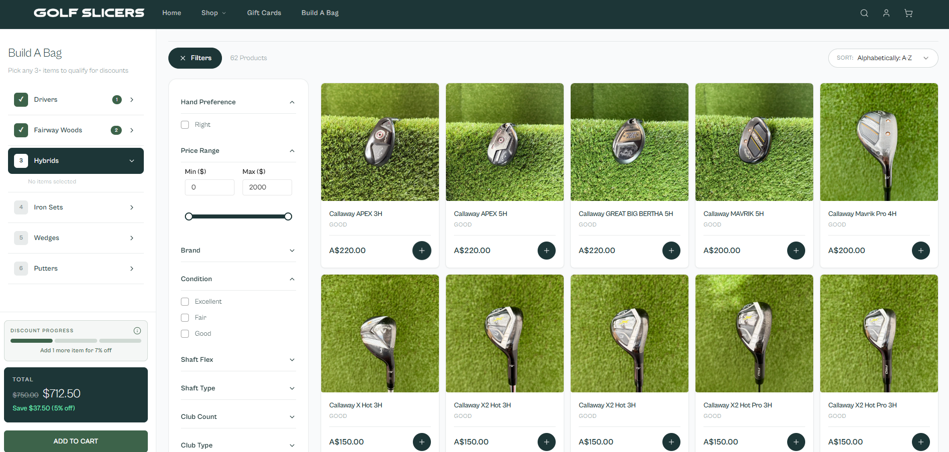 Build a Bag screen: hybrids step with filters, product grid, and live discount progress