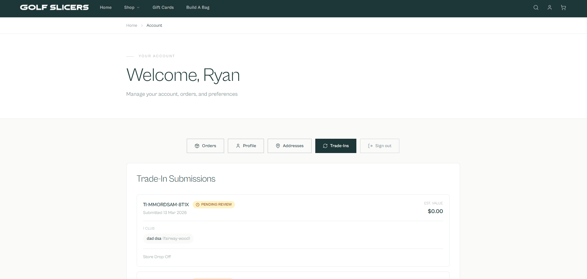 Trade-In account view: pending submission with club details and estimated value